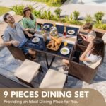 Devoko 9 Pieces Patio Dining Sets Outdoor Space Saving Rattan Chairs with Glass Table Patio Furniture Sets Cushioned Seating and Back Sectional Conversation Set (Beige) - Image 3