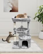 SYANDLVY Small Cat Tree for Indoor Cats, Activity Cat Tower with Scratching Post for Kittens, Modern Cat Furniture with Basket & Hanging Ball for Play Rest, Grey - Image 3