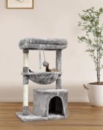 SYANDLVY Small Cat Tree for Indoor Cats, Activity Cat Tower with Scratching Post for Kittens, Modern Cat Furniture with Basket & Hanging Ball for Play Rest, Grey - Image 5
