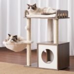 Heybly Modern Cat Tree, Wooden Cat Tower with 3 Scratching Posts, Cat Condo for Indoor Cats with Wood Cat Cave, Plush Perch, Basket, Pompom, Rustic Gray HCT007SSG - Image 3