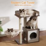 Heybly Modern Cat Tree, Wooden Cat Tower with 3 Scratching Posts, Cat Condo for Indoor Cats with Wood Cat Cave, Plush Perch, Basket, Pompom, Rustic Gray HCT007SSG - Image 4