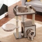 Heybly Modern Cat Tree, Wooden Cat Tower with 3 Scratching Posts, Cat Condo for Indoor Cats with Wood Cat Cave, Plush Perch, Basket, Pompom, Rustic Gray HCT007SSG - Image 5