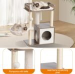 Heybly Modern Cat Tree, Wooden Cat Tower with 3 Scratching Posts, Cat Condo for Indoor Cats with Wood Cat Cave, Plush Perch, Basket, Pompom, Rustic Gray HCT007SSG - Image 8