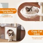 Heybly Modern Cat Tree, Wooden Cat Tower with 3 Scratching Posts, Cat Condo for Indoor Cats with Wood Cat Cave, Plush Perch, Basket, Pompom, Rustic Gray HCT007SSG - Image 10