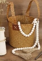 58in Wood Bead Garland with Tassels, Farmhouse Rustic Country Decor Prayer Boho Wall Hanging Decoration (Nature) - Image 4