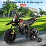 OLAKIDS Kids Motorcycle, Licensed Aprilia RX125 12V Ride on Electric Dirt Bike with Training Wheels, Spring Suspension, Battery Powered Off Road Motorbike Toy with Bluetooth, USB, Lights (Dark) - Image 4