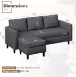 JAMFLY 73.6" Modular Sectional Couch, 3 Seat L-Shaped Couch with Linen Fabric Ottoman, Small Sofa for Living Room, Apartment and Office, Black - Image 3