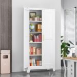 71" Tall Metal Storage Cabinet with 2 Doors and 4 Adjustable Shelves, Kitchen Pantry Cabinet White Freestanding Cupboard, 5 Tier Multifunctional Steel Storage for Office, Kitchen, Dining Room - Image 4