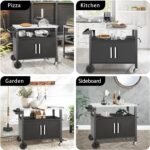 Grill Cart Table with Big Storage Cabinet, Movable Outdoor Dining Cart Pizza Oven Stand, Kitchen Cart Island Multifunction Food Prep Table Stainless Steel Surface - Image 3