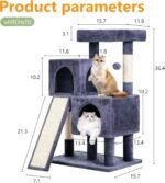 FDW Cat Tree for Indoor Cats 36 Inches Cat Tower Multi-Level Indoor Cat Play Condo House with Scratching Posts, Spacious Perch, Sisal Posts and Dangling Toys (Dark Grey) - Image 7