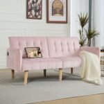 TYBOATLE 65" W Velvet Modern Convertible Folding Futon Couch Sofa Bed w/ 2 USB Charging Ports and arms, Loveseat for Compact Living Space, Dorm, Game Studio, Bonus Room, Apartment, Bedroom (Pink) - Image 3