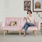 TYBOATLE 65" W Velvet Modern Convertible Folding Futon Couch Sofa Bed w/ 2 USB Charging Ports and arms, Loveseat for Compact Living Space, Dorm, Game Studio, Bonus Room, Apartment, Bedroom (Pink) - Image 7