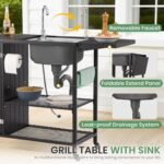 LVUYOYO Outdoor Grill Table with Stainless Steel Sink, Grill Cart Station with Cabinet, Metal Kitchen & Island Rolling BBQ Table for Garden, Patio, Backyard - Image 6