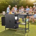 LVUYOYO Outdoor Grill Table with Stainless Steel Sink, Grill Cart Station with Cabinet, Metal Kitchen & Island Rolling BBQ Table for Garden, Patio, Backyard - Image 7