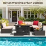 Flamaker 7 Pieces Patio Furniture Set with Fire Pit Table Outdoor Sectional Patio Sofa Furniture Set with Gas Fire Pit and Coffee Table & Ottoman Cushion Pillows, Beige - Image 6