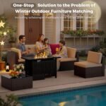 Flamaker 7 Pieces Patio Furniture Set with Fire Pit Table Outdoor Sectional Patio Sofa Furniture Set with Gas Fire Pit and Coffee Table & Ottoman Cushion Pillows, Beige - Image 7