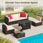 Flamaker 7 Pieces Patio Furniture Set with Fire Pit Table Outdoor Sectional Patio Sofa Furniture Set with Gas Fire Pit and Coffee Table & Ottoman Cushion Pillows, Beige - Image 8