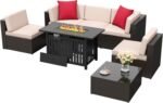 Flamaker 7 Pieces Patio Furniture Set with Fire Pit Table Outdoor Sectional Patio Sofa Furniture Set with Gas Fire Pit and Coffee Table & Ottoman Cushion Pillows, Beige - Image 9