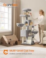 Feandrea Large Cat Tree Tower, 68.5-Inch Tall Cat Condo with Large Perch, Scratching Posts, Double Caves, Dove Gray UPCT006G01 - Image 3