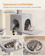Feandrea Large Cat Tree Tower, 68.5-Inch Tall Cat Condo with Large Perch, Scratching Posts, Double Caves, Dove Gray UPCT006G01 - Image 4