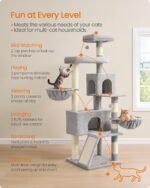 Feandrea Large Cat Tree Tower, 68.5-Inch Tall Cat Condo with Large Perch, Scratching Posts, Double Caves, Dove Gray UPCT006G01 - Image 5