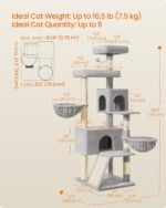 Feandrea Large Cat Tree Tower, 68.5-Inch Tall Cat Condo with Large Perch, Scratching Posts, Double Caves, Dove Gray UPCT006G01 - Image 6