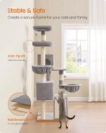 Feandrea Large Cat Tree Tower, 68.5-Inch Tall Cat Condo with Large Perch, Scratching Posts, Double Caves, Dove Gray UPCT006G01 - Image 7