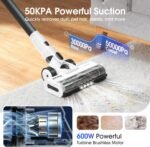 Cordless Vacuum Cleaner, 600W 50KPA 65Mins Runtime Fast Charging Vacuum Cleaner, Self-Standing LED Light Touch Screen Stick Vacuum for Home Light Weight,for Pet Hair/Carpet/Floor, White - Image 3