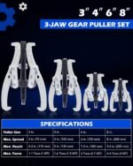 Orion Motor Tech Gear Puller Set, 3" 4" 6" 8" 3 Jaw Puller Kit for Pulley Gear Bearing Flywheel Removal, Heavy Duty Pulley Puller with Reversible Jaws 4 pcs Bearing Puller Tool Kit - Image 3