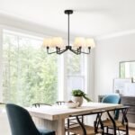 6-Light Black Farmhouse Chandelier with White Fabric Shade, Black Light Fixture for Dining Room Kitchen Island Living Room Entryway.E12. - Image 6