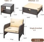 LEVELEVE Balcony Furniture 5 Piece Patio Conversation Set, PE Wicker Rattan Outdoor Lounge Chairs with Soft Cushions 2 Ottoman&Glass Table for Porch, Lawn-Brown Wicker - Image 3