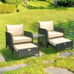 LEVELEVE Balcony Furniture 5 Piece Patio Conversation Set, PE Wicker Rattan Outdoor Lounge Chairs with Soft Cushions 2 Ottoman&Glass Table for Porch, Lawn-Brown Wicker - Image 4