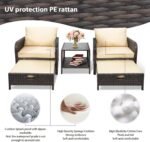 LEVELEVE Balcony Furniture 5 Piece Patio Conversation Set, PE Wicker Rattan Outdoor Lounge Chairs with Soft Cushions 2 Ottoman&Glass Table for Porch, Lawn-Brown Wicker - Image 6