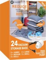 24 Pack Vacuum Storage Bags with Electric Pump, (5 Jumbo, 5 Large, 5 Medium, 5 Small, 4 Roll Up Bags) Space Saver Bag for Clothes, Mattress, Blanket, Duvets, Pillows, Comforters,Travel - Image 2