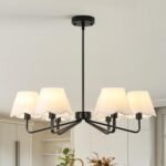 6-Light Black Farmhouse Chandelier with White Fabric Shade, Black Light Fixture for Dining Room Kitchen Island Living Room Entryway.E12. - Image 2