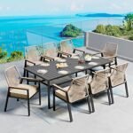 9 Pieces Patio Dining Set, 8 x Woven Rattan Chairs with Waterproof Cushion, 83" Rectangular Metal Dining Table with Umbrella Hole, Outdoor Table and Chairs Set for Backyard Lawn and Deck, Beige - Image 2