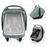 Blissful Diary Baby Car Seat Cover, Extra Large Mesh Window, Breathable Muslin Cotton, Infant Windproof Canopy, Must-Have Baby Gift - Roman Green - Image 2