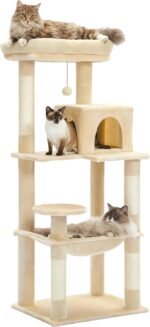 Cat Tree for Large Cats Adult with Metal Plush Big Hammock, 56.3" Cat Tower with 2 Door Condo House, 6-Tier Cat Shelves with Scratching Posts and Large Top Perch, Beige - Image 2