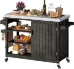 DWVO XL Outdoor Grill Table, Solid Wood Storage Table with Stainless Steel Top, Outdoor Kitchen Cart with Storage Cabinet for Patio, Kitchen Prep, Grilling Accessories, Brown - Image 2