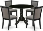 East West Furniture DLMZ5-AB6-50 5 Piece Dining Room Furniture Set Includes a Round Dining Table with Dropleaf and 4 Dark Gotham Grey Linen Fabric Parson Chairs, 42x42 Inch, Wirebrushed Black - Image 2