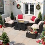 Flamaker 7 Pieces Patio Furniture Set with Fire Pit Table Outdoor Sectional Patio Sofa Furniture Set with Gas Fire Pit and Coffee Table & Ottoman Cushion Pillows, Beige - Image 2