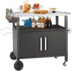 Grill Cart Table with Big Storage Cabinet, Movable Outdoor Dining Cart Pizza Oven Stand, Kitchen Cart Island Multifunction Food Prep Table Stainless Steel Surface - Image 2
