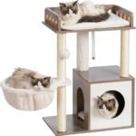 Heybly Modern Cat Tree, Wooden Cat Tower with 3 Scratching Posts, Cat Condo for Indoor Cats with Wood Cat Cave, Plush Perch, Basket, Pompom, Rustic Gray HCT007SSG - Image 2