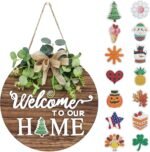 Interchangeable Seasonal Welcome Sign Front Door Decoration, Rustic Round Wood Wreaths Wall Hanging Outdoor, Farmhouse, Porch, for Spring Summer Fall All Seasons Holiday Halloween Christmas. - Image 2