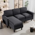 JAMFLY 73.6" Modular Sectional Couch, 3 Seat L-Shaped Couch with Linen Fabric Ottoman, Small Sofa for Living Room, Apartment and Office, Black - Image 2