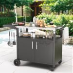 JY QAQA Outdoor Grill Cart with Storage, Patio Kitchen Island Outdoor Grill Table with Wheels, BBQ Cart Movable Pizza Oven Table Stand with Foldable Stainless Steel Top, Black - Image 2