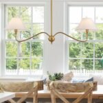Modern Gold Linear Chandelier for Kitchen Island, 2-Light Linear Light Fixture with Off-White Fabric Shade, Rustic Pendant Light for Dining Room - Image 2