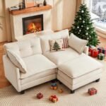 Modular Sectional Sofa, 76.5" L-Shaped Corduroy Comfy Sectional Couches for Living Room, 2-Seater Cloud Couches with 1 Movable Ottoman, Flexible Combination Modern Deep Seat Sofa (Beige) - Image 2