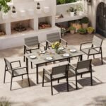 Outdoor Dining Set for 6, Patio Table and Chairs Set with Umbrella Hole, 7 Pieces HDPS + Aluminum Outdoor Furniture Sets for Patio, Garden (Gray) - Image 2