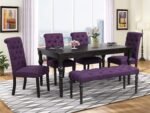Roundhill Furniture Leviton Urban Style Dark Washed Wood Dining Set: Table, 4 Chairs and Bench, Purple - Image 2